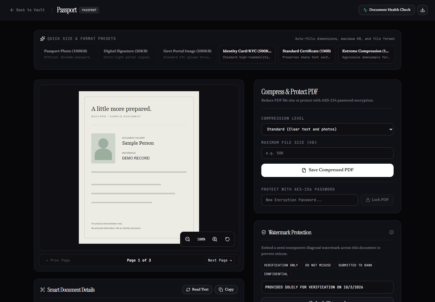 Docyard document editor with a sample preview and tools for preparing files